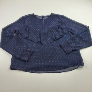 Express Blouse Women Size Medium Ruffle Long Sleeves Elastic Cuff Blue with pink